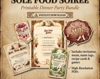 Paquete de cena temática de pies divertidos / Decoración imprimible para velada gastronómica con temática de pies / Menú e invitación editables / Kit de fiesta original para adultos (descarga digital)