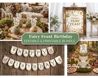 Paquete de cumpleaños "Festín de Hadas", decoraciones para fiestas estilo cottagecore, invitación editable en Canva, cumpleaños de hadas del bosque, kit de fiesta imprimible