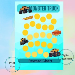 Peut inclure: Un tableau de récompenses bleu clair sur le thème des monster trucks. Le tableau présente des cercles jaunes pour suivre les progrès, des illustrations de monster trucks et le texte "Monster Truck" et "Reward Chart". Comprend les mots "Vroom" et "Thud!"
