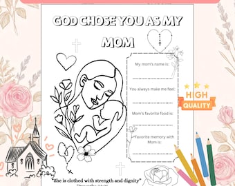 Flower Christian Mother's Day Coloring Page for Kids, God Choose You As My Mom Printable, Proverbs 31:25, Sunday School, Digital Download