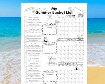 Summer Bucket List 2026 Printable Calendar | Kids Coloring Poster June July August | Family Planner, Chore Chart, Digital Download