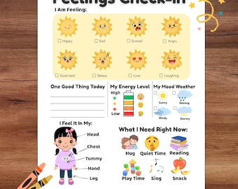 Feelings Check-In Worksheet for Kids | Social Emotional Learning Printable | Therapy & Classroom Activity | Emotional Regulation PDF