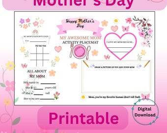 Mother’s Day Placemat Printable for Kids, DIY Coloring Activity Sheet, Happy Mothers Day Craft, Instant Download, Kids Table Activity