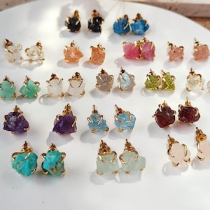 Ruwe natuursteen oorknopjes, vergulde vierpuntige kristallen oorbel, rozenkwarts citrien turkoois edelsteen boho sieraden cadeau