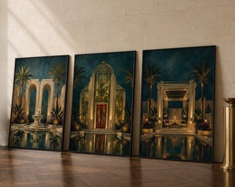 Neo Deco-väggkonst set med 3, lyxiga art déco-arkitekturtryck, maximalistisk galleridekor, boutiquehotellkonst, utskrivbar digital nedladdning