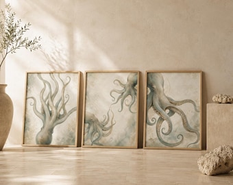 Modern bläckfiskväggkonst set med 3, kustgalleritryck, lyxig marin illustration, havsdekor, utskrivbar digital nedladdning