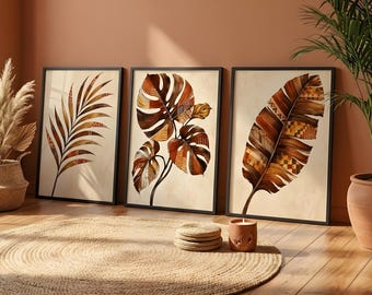 Afrohemisk botanisk väggkonst, set om 3 | Tribalmönster med lövtryck | Terrakotta Boho-dekor | Kente-inspirerad konst med lertyg | Direktnedladdning