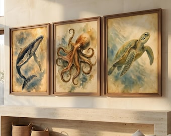 Vintage Sea Life Watercolor Prints Set of 3 | Antique Octopus Whale Sea Turtle Wall Art | Coastal Ocean Decor | Museum Style Artwork