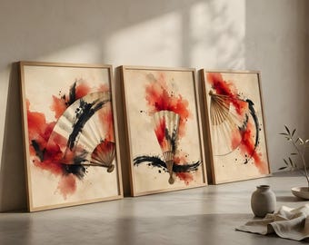 Japanska vikbara solfjädertryck, set om 3 | Minimal Sumi-e akvarell väggkonst | Zen abstrakt solfjädermålning | Japandi utskrivbar dekor