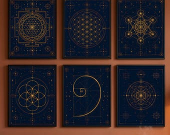 Väggkonstset med sakral geometri – guldfärgade ritningar, mandala, sri yantra (digital nedladdning)