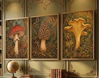 Vintage Art Nouveau väggkonst med svamp, set om 3 | Dekorativa skogsmarkstryck | Antik botanisk affisch | Utskrivbar galleriväggdekoration