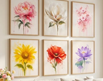 Set med 6 botaniska blomtryck, expressionistisk akvarellkonst (direkt nedladdning)