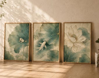 Japansk lotus väggkonst set med 3, Japandi botaniska tryck, zen naturdekor, groda koi trollslända konst, utskrivbar digital nedladdning