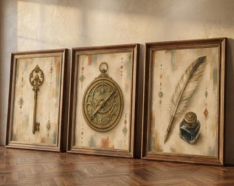 Väggkonst i vintagestil med kuriositeter, set om 3 | Antik skelettnyckel, astrolabe, gåspenna och bläck | Utskrivbar vintage-studiedekor | Tryck i museistil