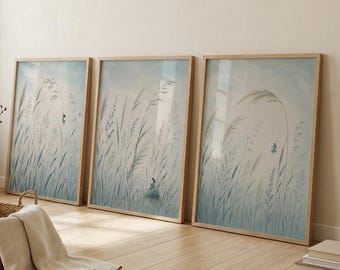 Väggkonst med vindsånger, set om 3 | Skandinaviska botaniska tryck | Minimalistisk naturväggdekoration | Utskrivbar konst med vilda ängar