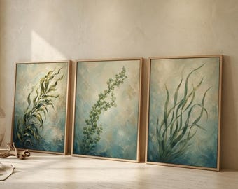 Botanisk väggkonst med havsmotiv, set med 3, jättealgar, sjödruvor, ålgrästryck, kustmåleri, digital nedladdning