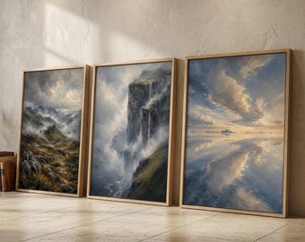 Stämningsfull landskapsväggkonst set om 3, skotska höglandet Färöarna Uyuni-tryck, målerisk resedekor
