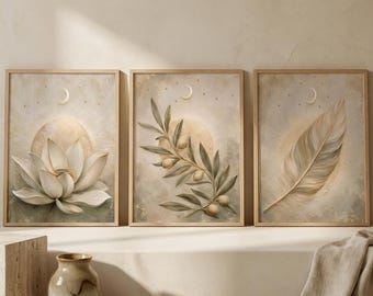 Väggkonst med sakralt ljus, set om 3 | Lyxig spirituell utskrivbar konst | Lotusfjäder, olivkvist | Neutral meditationsdekor