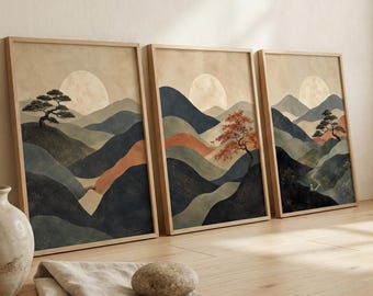 Japansk landskapsväggkonst, set om 3 | Utskrivbar Japandi-dekor | Zenlandskapstryck | Minimalistisk japansk väggkonst