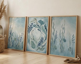 Väggkonst med havsrytmer, set om 3 | Skandinaviska kustbotaniska tryck | Minimalistisk väggdekor med sjögräs | Utskrivbar konst