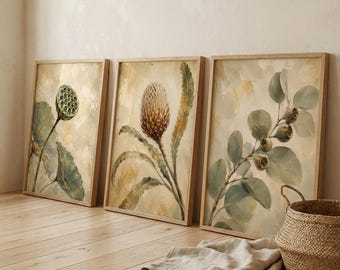 Botanisk väggkonst set om 3 | Lotusfrökapsel Banksia Eukalyptus-tryck | Medelhavsutskrivbar dekoration | Naturväggkonst