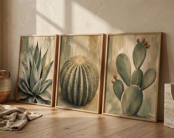 Set med 3 botaniska tryck i öknen | Dekorativ väggkonst med agave och kaktus | Lyxig botanisk målning | Modern utskrivbar väggdekoration