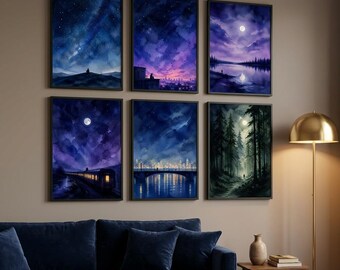 Set med 6 stämningsfulla nattmotiv i akvarell (nedladdning direkt)
