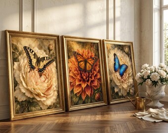 Viktorianska botaniska fjärilstryck, set om 3 | Vintage blå morpho svalstjärtmonark väggkonst | Antik blommig akvarelldekor