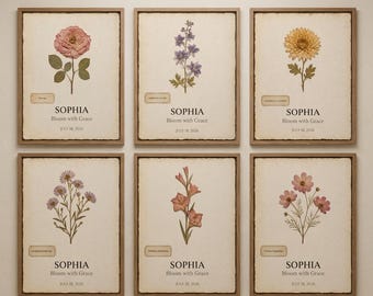 Personligt tryck av födelseblomma | Anpassat herbarium med pressade blommor | Botaniskt minnesmärke | Utskrivbar väggkonst i museumsstil