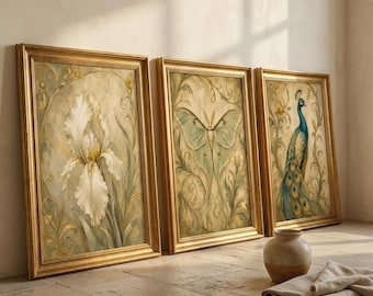 Botaniska tryck i jugendstil, set om 3 | Vintage väggkonst med iris och påfågel, Luna Moth | Elegant viktoriansk dekorativ konst
