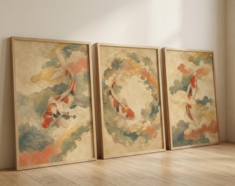 Cloud Current väggkonst set med 3 | Japanska Koi-tryck | Nihonga-inspirerad zenväggdekoration | Utskrivbar japansk konst