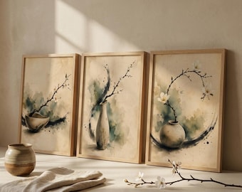 Japanska Ikebana-tryck, set om 3 | Minimalistisk blommig väggkonst | Zen keramisk vasmålning | Japandi akvarell utskrivbar dekor
