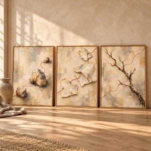 Puede incluir: Un tríptico de tres cuadros rectangulares enmarcados con un fondo texturizado en tonos neutros beige y gris. La obra muestra elementos naturales que incluyen piedras, formas similares al papel y una rama de árbol, unidos por una línea roja.