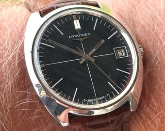 Orologio vintage Longines in acciaio inossidabile – Quadrante nero classico / Swiss Made / Funzione data