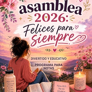 Op de afbeelding: Een poster getiteld asamblea 2026: Felices para Siempre met een zonsonderganglandschap met bloemen, een lezend persoon, een waterfles met tekst, een kaars met een bijbelvers en een notitieboekje met de tekst Hechos 20:35.