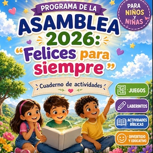 Puede incluir: Portada de un cuaderno de actividades titulada PROGRAMA DE LA ASAMBLEA 2026: Felices para siempre. Muestra a tres niños en un campo leyendo un libro brillante, con recuadros de texto para JUEGOS, LABERINTOS, ACTIVIDADES BÍBLICAS y DIVER TIDO Y EDUCATIVO.
