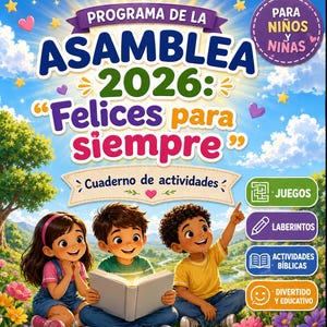 Può includere: Una copertina di quaderno di attività per bambini colorata con il testo "Programa de la Asamblea 2026: Felices para siempre" e "Cuaderno de actividades." Tre bambini dei cartoni animati sono seduti in un campo. Il libro include giochi, labirinti e attività bibliche.