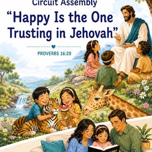 Może przedstawiać: Książka z ćwiczeniami zatytułowana Circuit Assembly Happy Is the One Trusting in Jehovah Proverbs 16:20. Okładka zawiera kolorową ilustrację mężczyzny w szatach z dziećmi, tygrysem i żyrafą oraz rodzinę czytającą książkę The Bible.