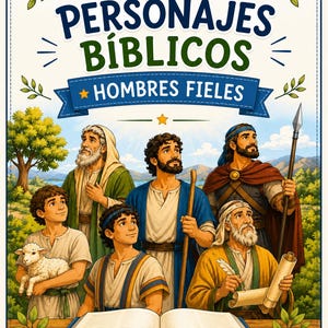 Pode incluir: Uma capa de livro intitulada Mi Cuaderno de PERSONAJES BÍBLICOS HOMBRES FIELES com uma ilustração de seis figuras em trajes antigos. Uma figura segura um cordeiro, outra um cajado e uma escreve num pergaminho atrás de um livro aberto.