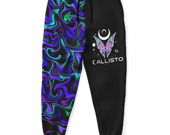 Pantalones deportivos Callisto: pantalones forrados de felpa con estampado de mariposas y remolinos psicodélicos.