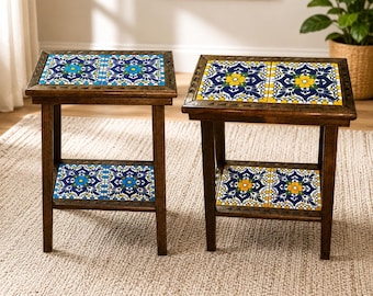 Talavera Tile End Table – Handmade Mexican Wood Accent Furniture