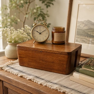 May include: A wooden box with a hinged lid, a gold-colored alarm clock, and a candle in a glass jar. The clock shows the time as 10:09. The candle jar has a label that reads "Tobacco & Vanilla". The box is sitting on a table with a decorative runner.