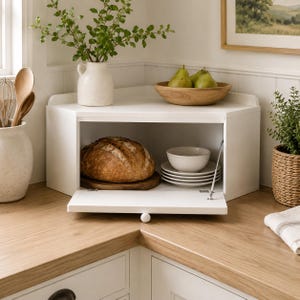 Corner Solid Wood Bread Box, Farmhouse Kitchen Breadbox, Country Style Storage