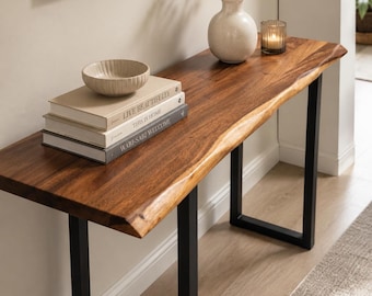 Live Edge Walnut Console Table, Modern Sofa Table With Metal Legs