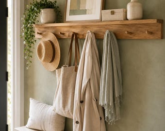 Shaker Peg Shelf With Ledge, Wall Mounted Coat Organizer, Custom Color and Size