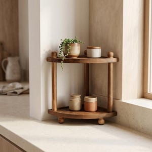 May include: A two-tiered wooden corner shelf with a dark brown finish, featuring rounded support posts and ball-shaped feet. The top shelf holds a small ceramic pot with a trailing plant and a white lidded jar, while the bottom shelf holds two small jars.