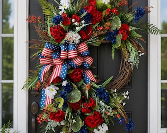 Patriotic Summer Wreath, Fourth of July Front Door, Large Red White Blue Wreath  Decor