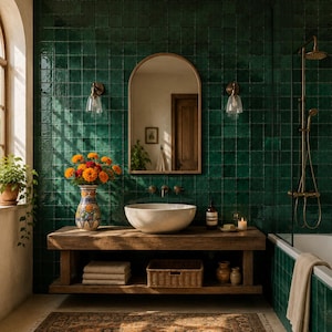 May include: A bathroom featuring dark green square wall tiles, a wooden vanity with a white vessel sink, an arched mirror, and a brass shower fixture. A colorful floral vase, a wicker basket, and folded towels are placed on the wooden shelf.