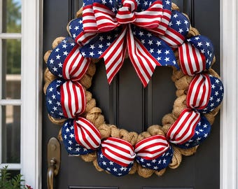 Patriotic American Flag Wreath, Fourth of July Door Decor, Burlap Stars and Stripes Wreath