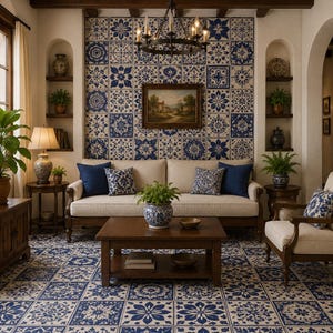 May include: A living room featuring a beige sofa with blue and patterned throw pillows, a wooden coffee table, and a matching armchair. The wall and floor are covered in blue and white patterned tiles. A chandelier hangs above the sofa.